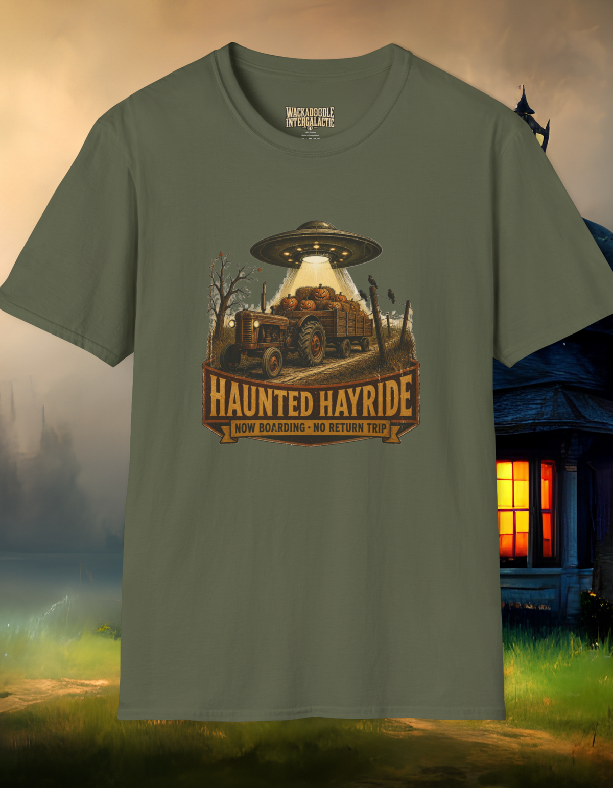 Haunted Hayride UFO T-Shirt — Halloween Tractor Abduction Graphic Tee