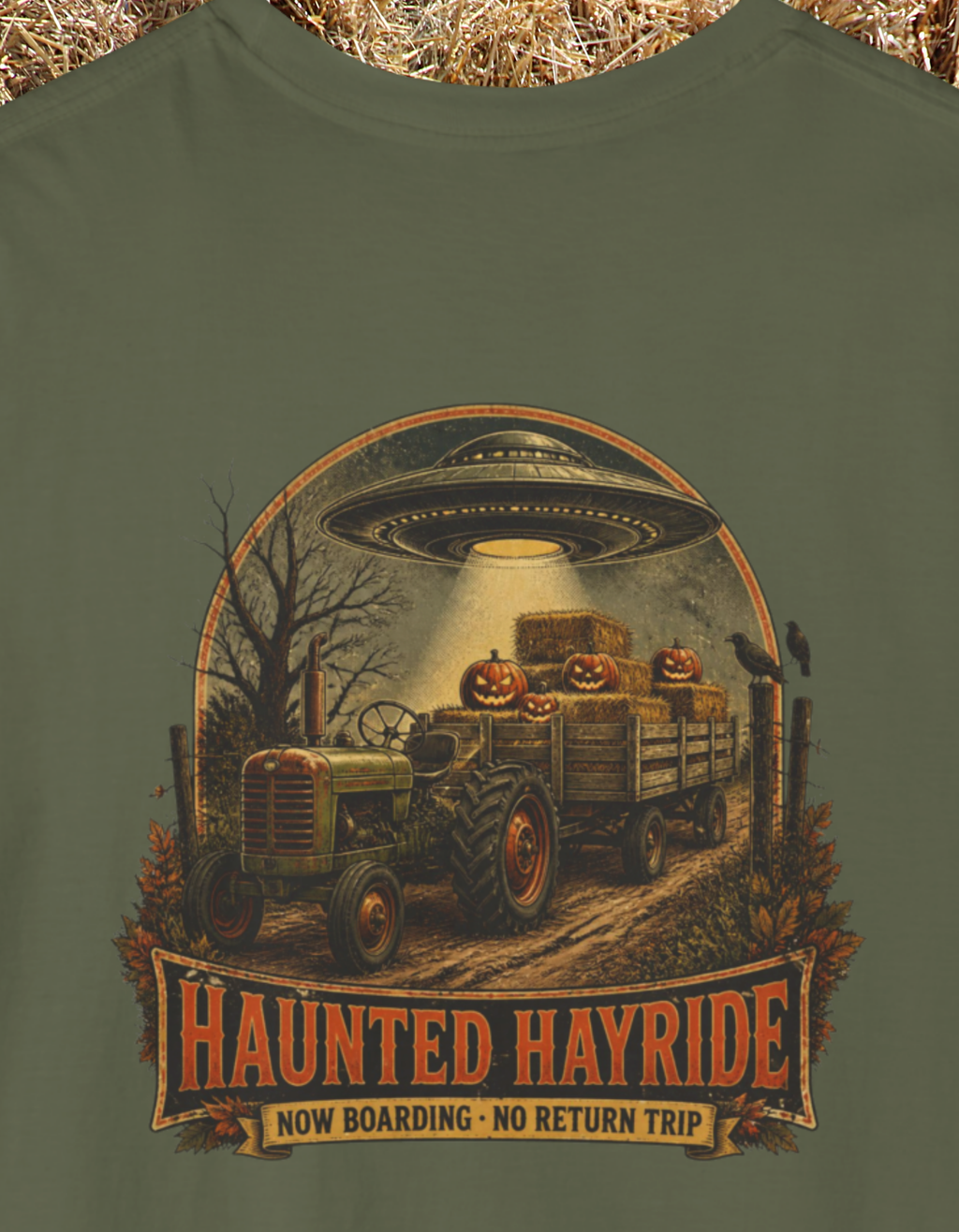 Haunted Hayride UFO T-Shirt — Halloween Tractor Abduction Graphic Tee
