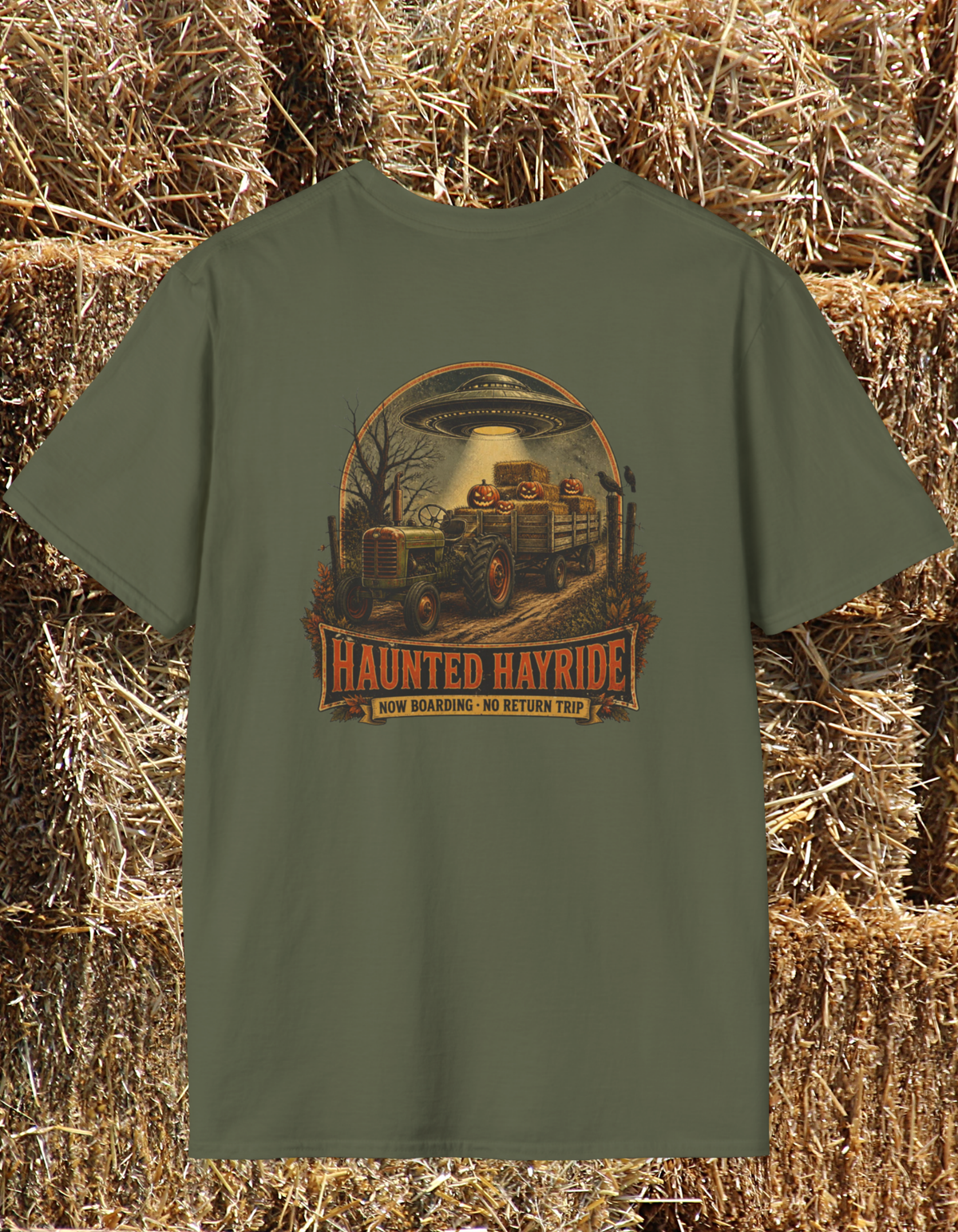 Haunted Hayride UFO T-Shirt — Halloween Tractor Abduction Graphic Tee