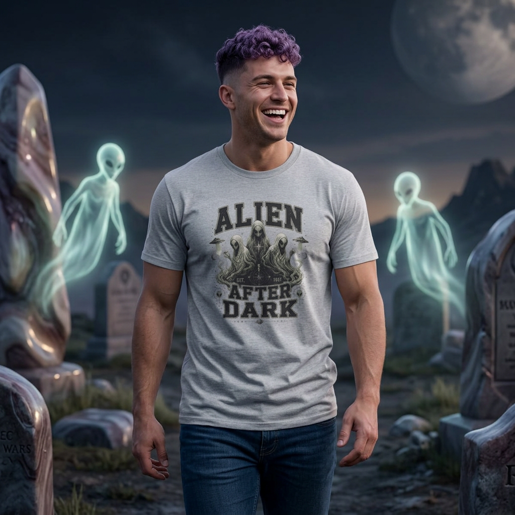 Alien After Dark T‑Shirt — Retro UFO & Three Aliens Graphic Tee