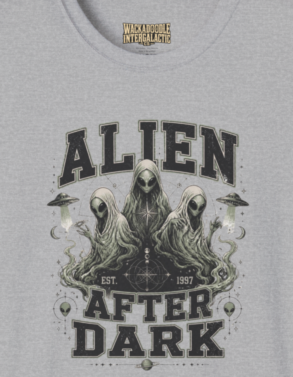 Alien After Dark T‑Shirt — Retro UFO & Three Aliens Graphic Tee