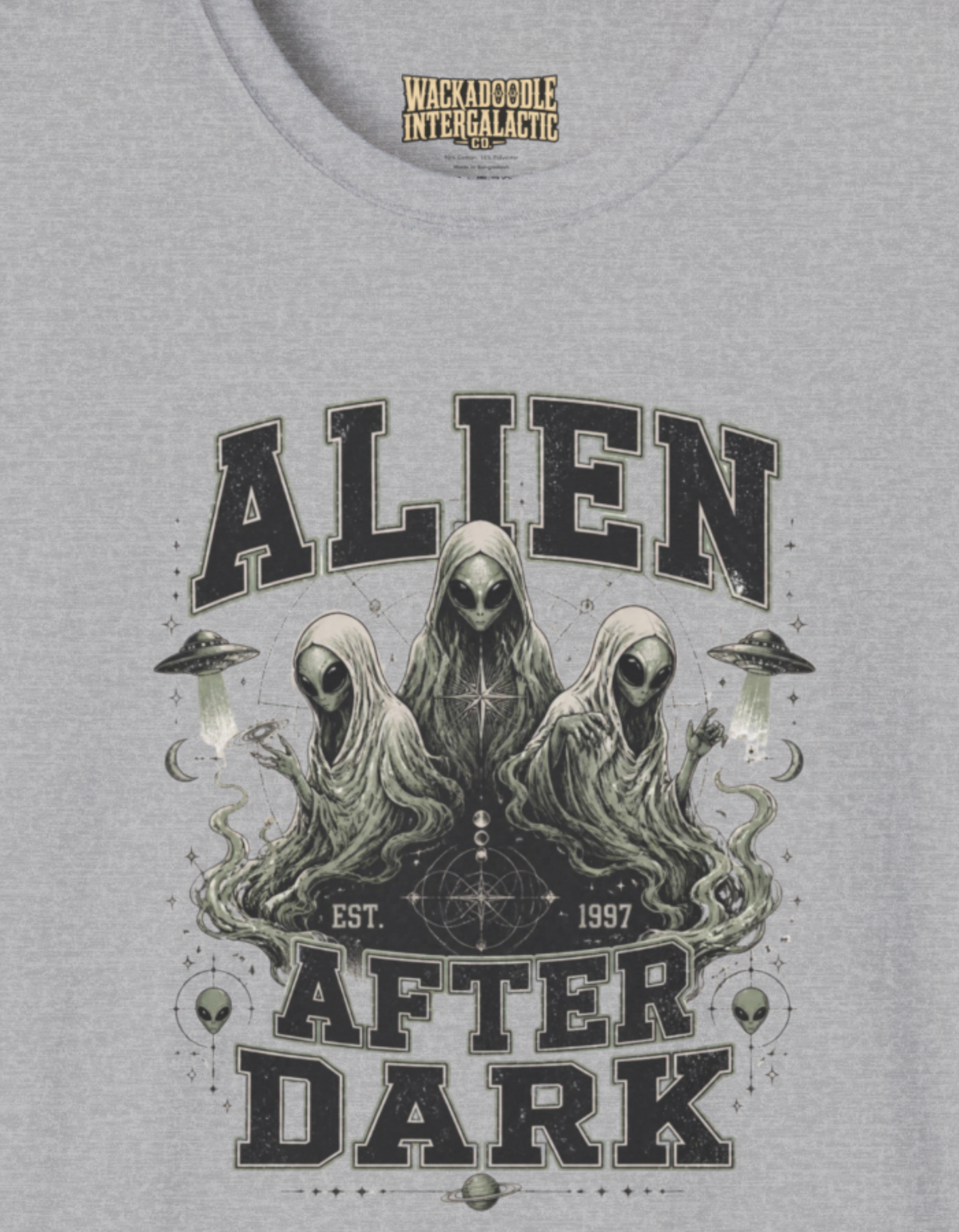 Alien After Dark T‑Shirt — Retro UFO & Three Aliens Graphic Tee