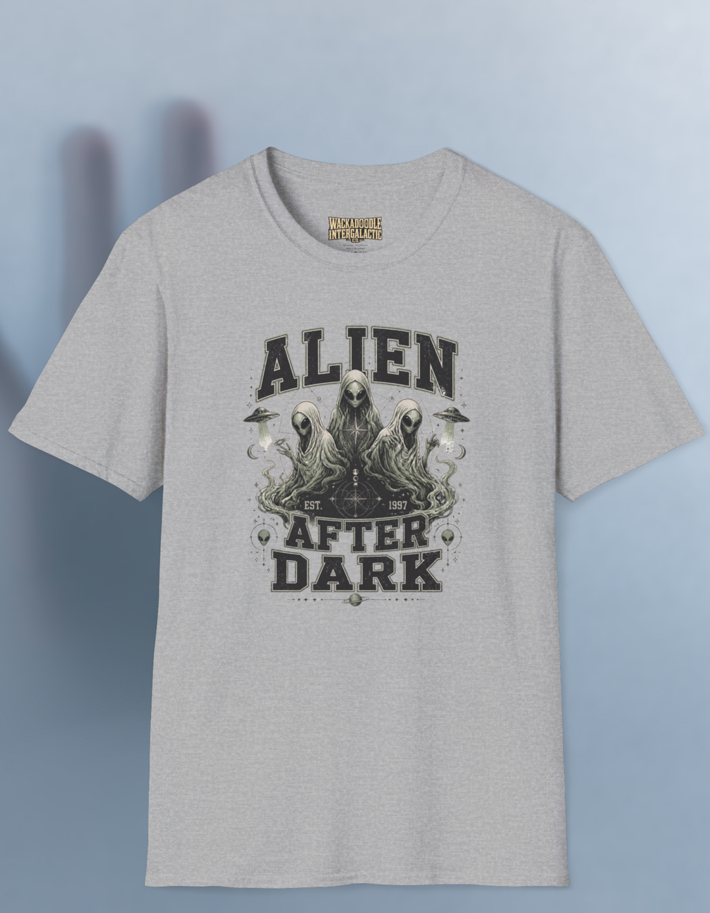Alien After Dark T‑Shirt — Retro UFO & Three Aliens Graphic Tee