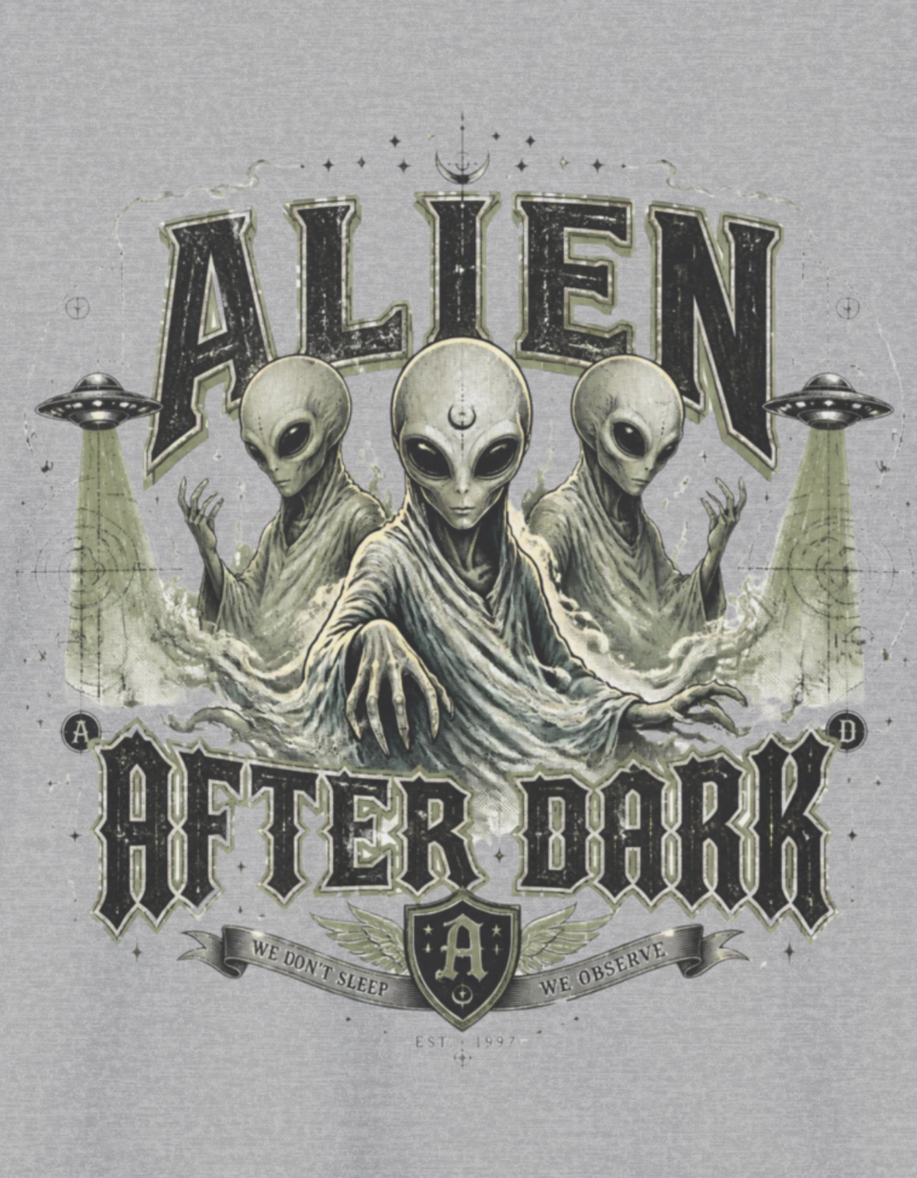 Alien After Dark T‑Shirt — Retro UFO & Three Aliens Graphic Tee