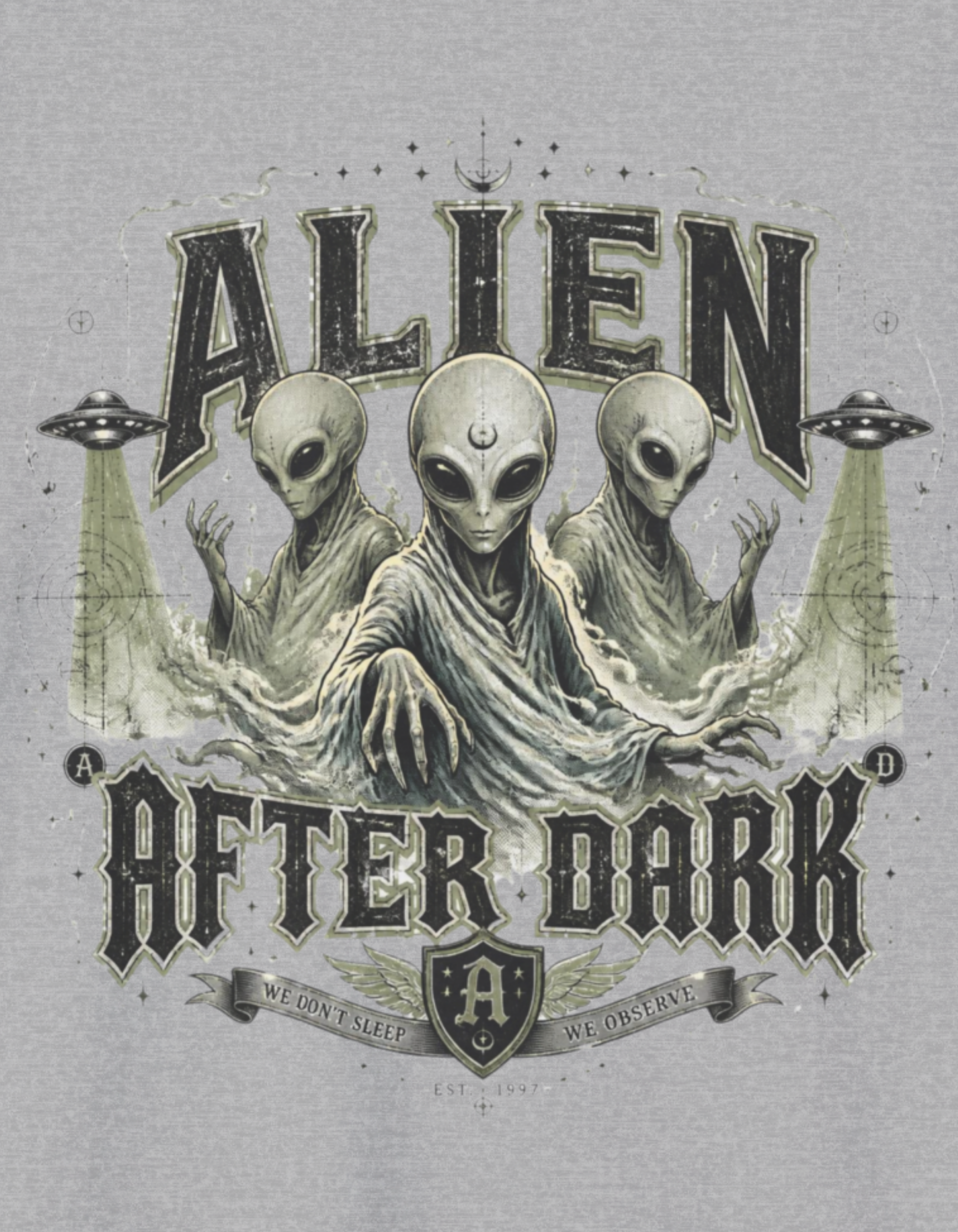 Alien After Dark T‑Shirt — Retro UFO & Three Aliens Graphic Tee