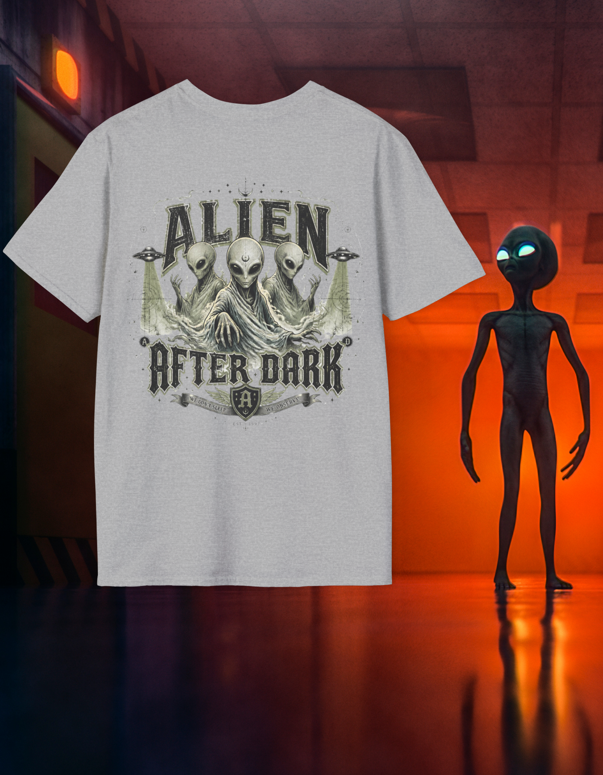Alien After Dark T‑Shirt — Retro UFO & Three Aliens Graphic Tee