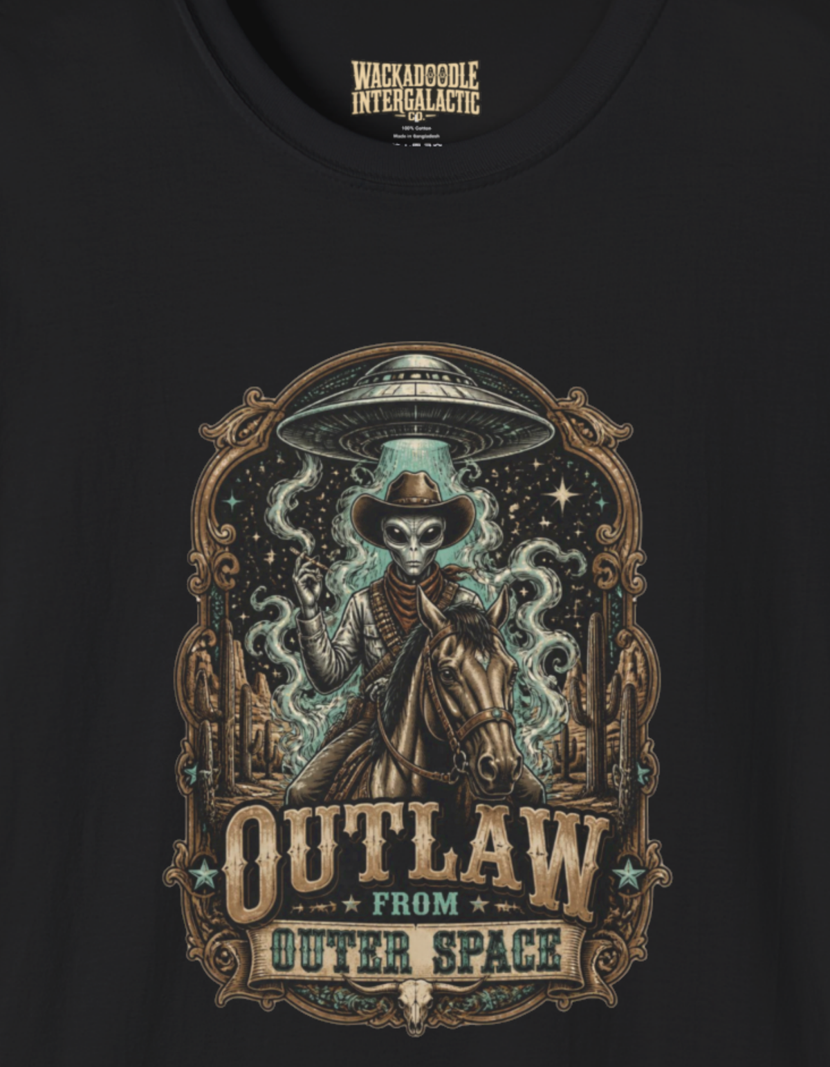 Outlaw Skeleton Cowboy T-Shirt — Western Gothic Tee with 'Outlaw' Emblem