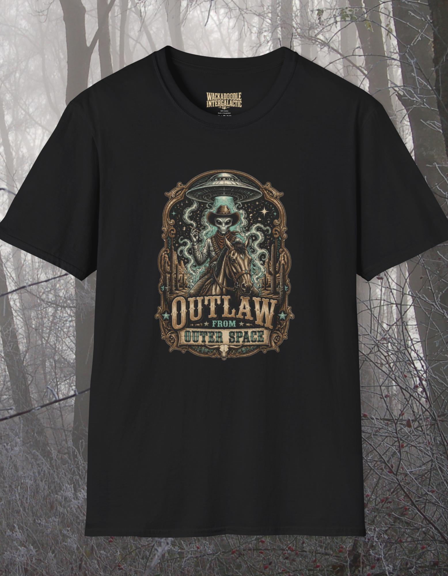 Outlaw Skeleton Cowboy T-Shirt — Western Gothic Tee with 'Outlaw' Emblem