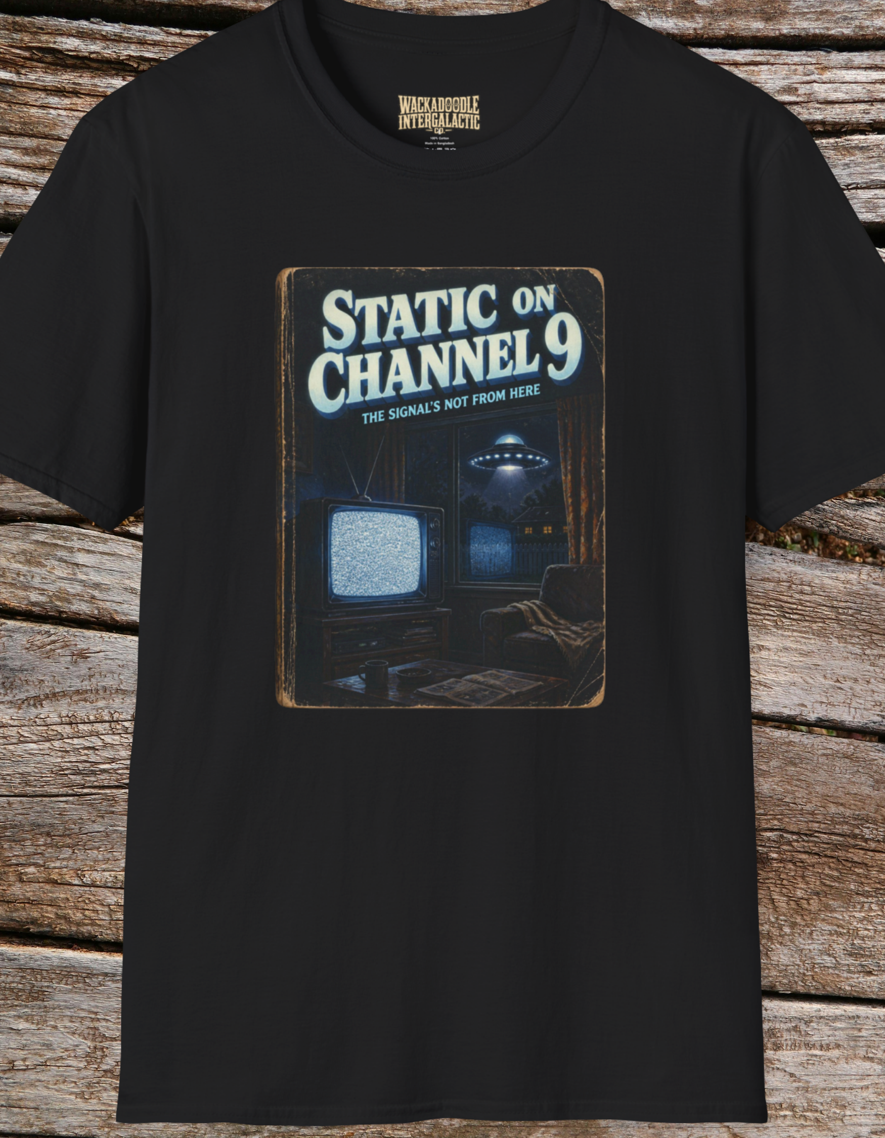 Channel 9 Static T-Shirt — Retro UFO Signal Graphic Tee