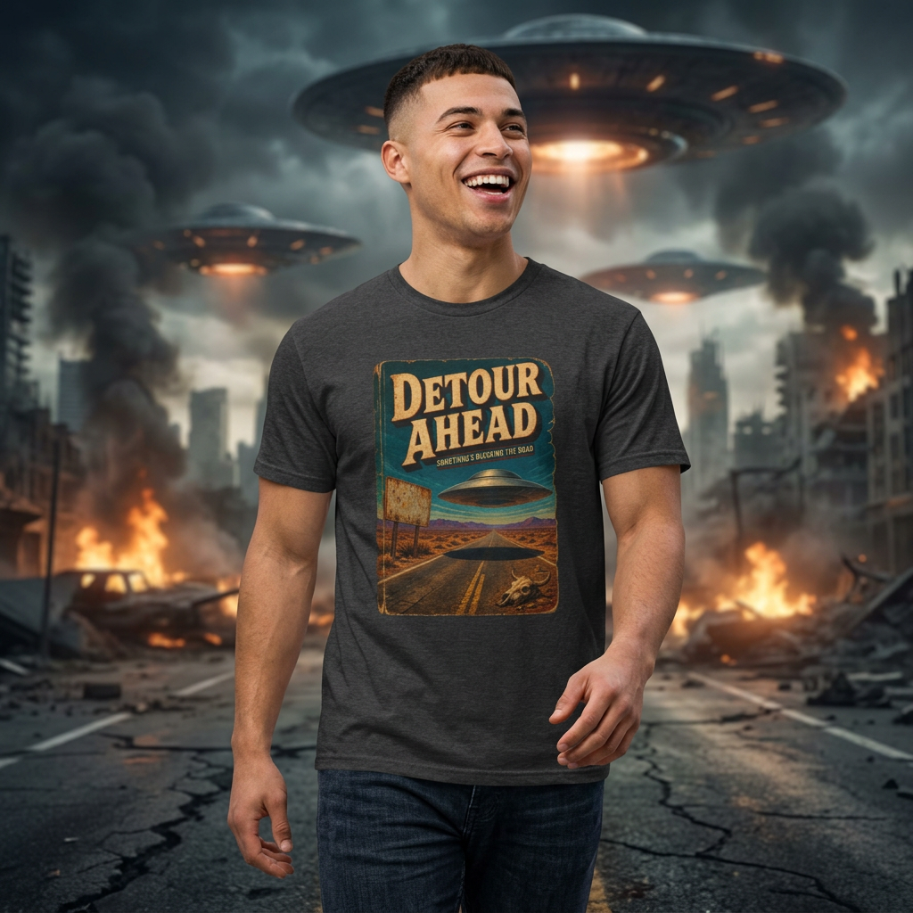 Detour Ahead Graphic T-Shirt — Vintage UFO Road Trip Design