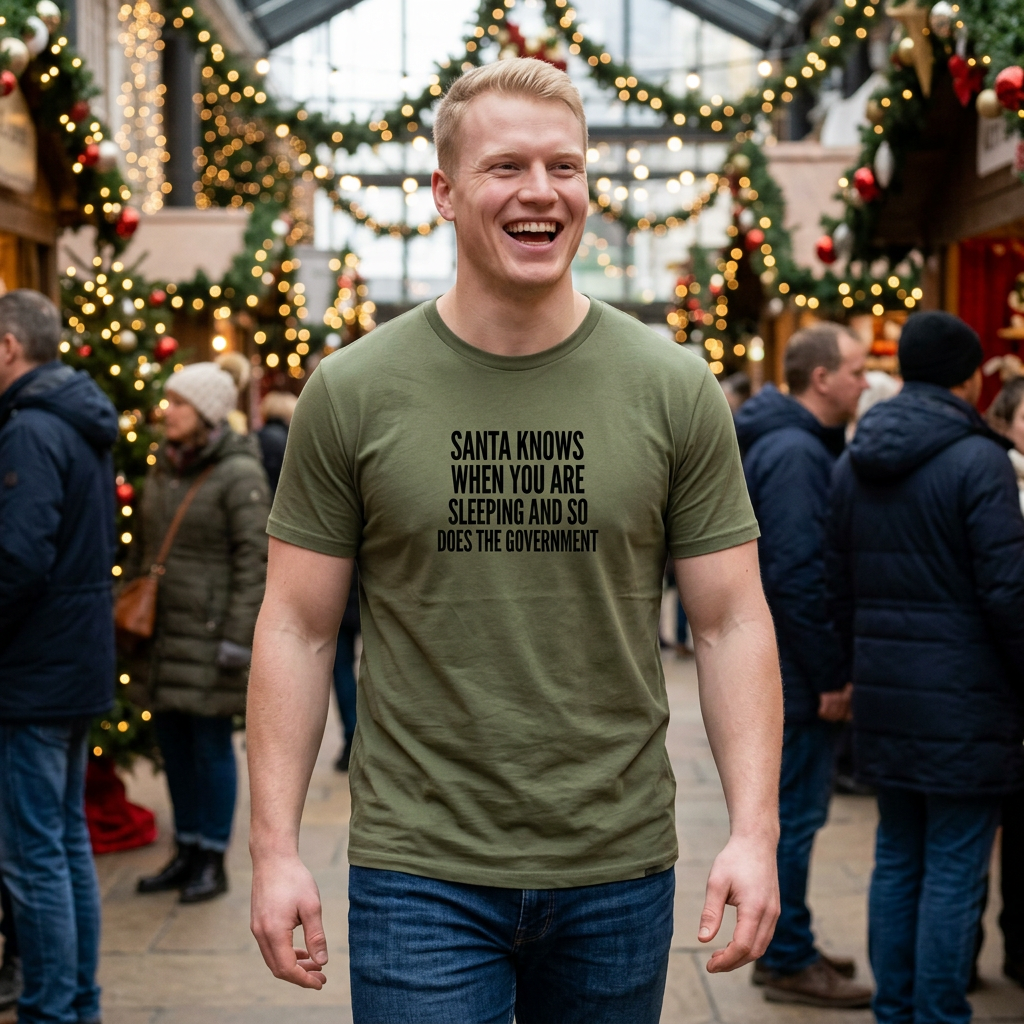 Funny Holiday T‑Shirt — “Santa Knows When You Are Sleeping and So Does the Government”