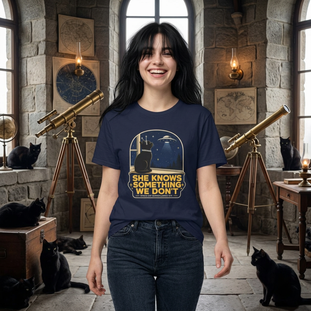 Cat Watching UFO T‑Shirt — "She Knows Something We Don't" Retro Alien Graphic
