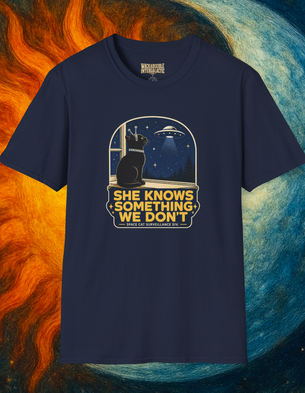 Cat Watching UFO T‑Shirt — "She Knows Something We Don't" Retro Alien Graphic