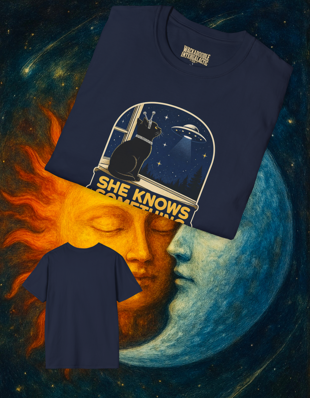 Cat Watching UFO T‑Shirt — "She Knows Something We Don't" Retro Alien Graphic