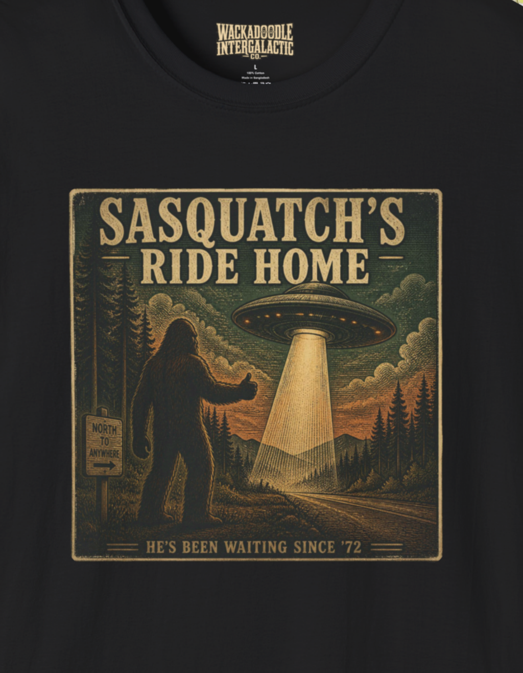 Sasquatch’s Ride Home T‑Shirt — Retro UFO Bigfoot Graphic Tee