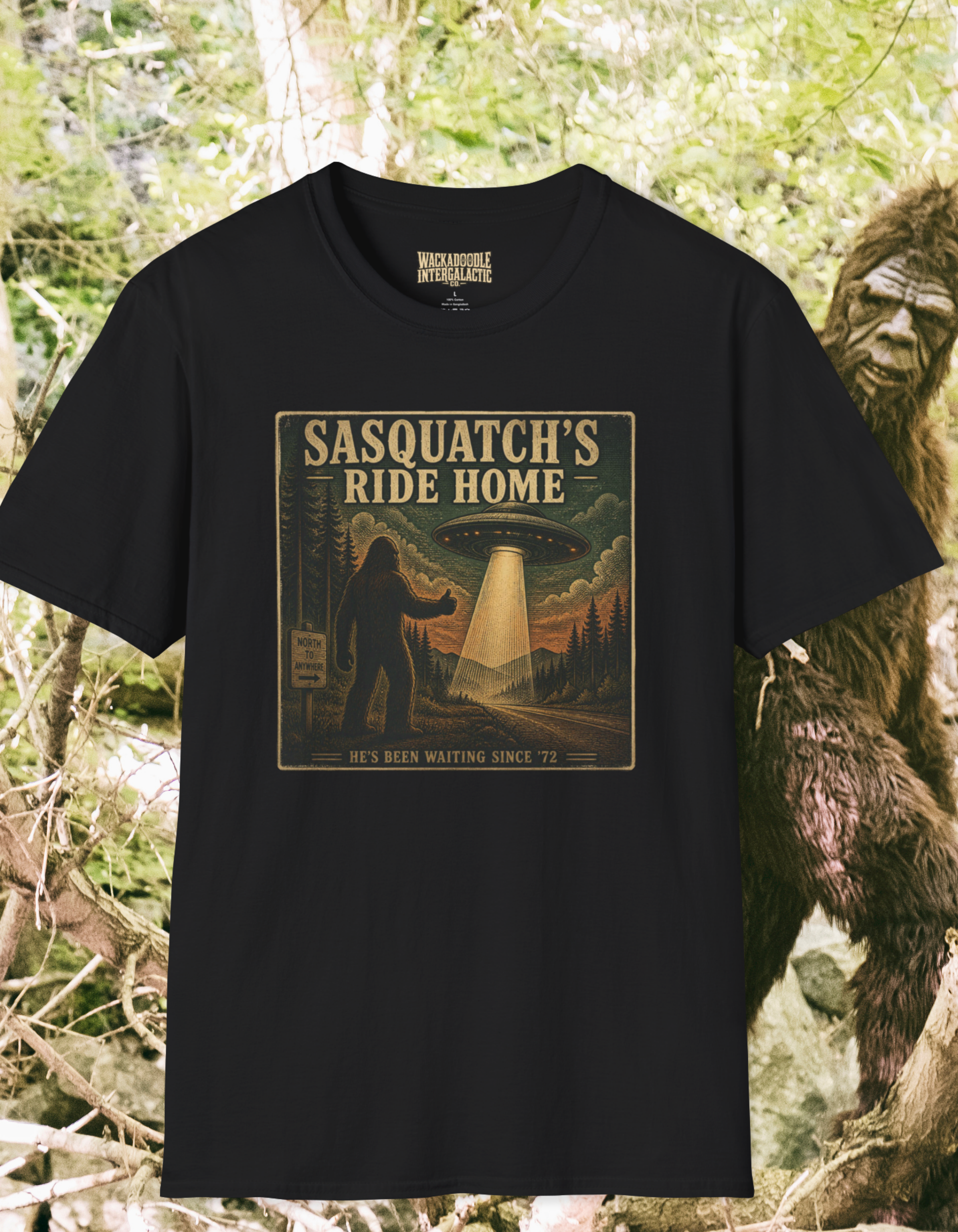 Sasquatch’s Ride Home T‑Shirt — Retro UFO Bigfoot Graphic Tee