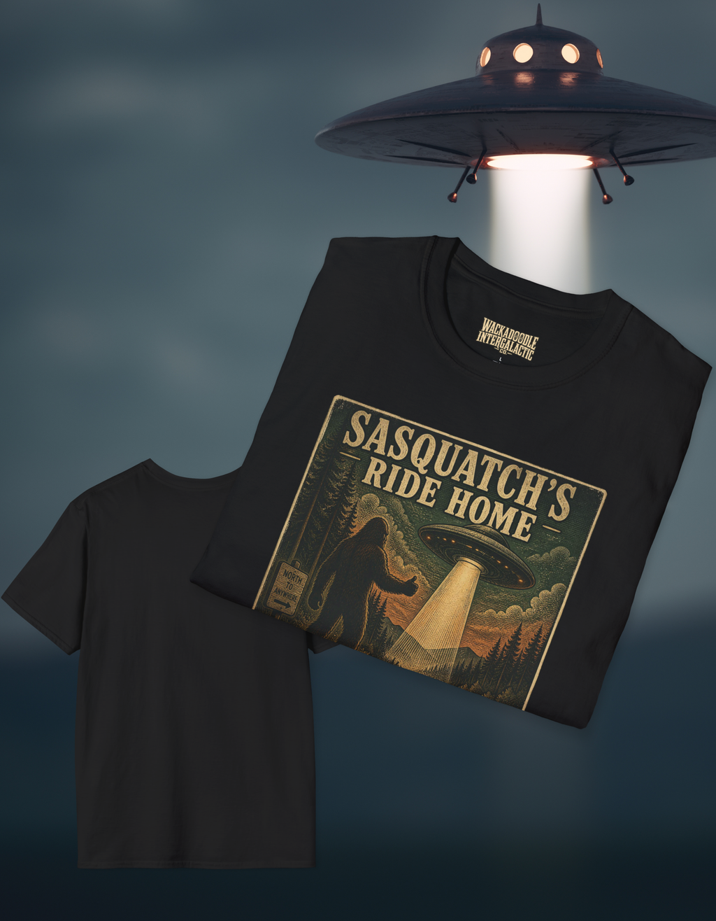 Sasquatch’s Ride Home T‑Shirt — Retro UFO Bigfoot Graphic Tee