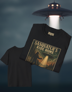 Sasquatch’s Ride Home T‑Shirt — Retro UFO Bigfoot Graphic Tee