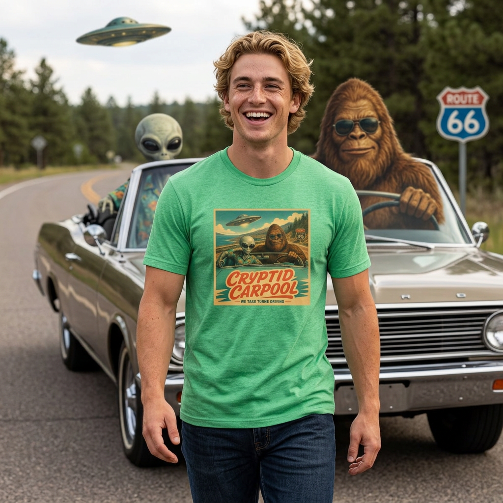 Cryptid Carpool Vintage Alien & Bigfoot Retro Graphic Tee