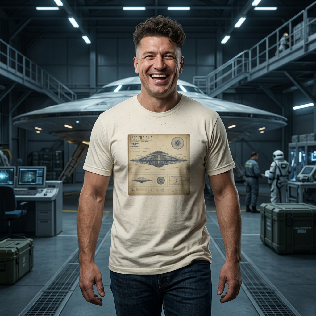 UFO Blueprint T-Shirt — 'Case File 51-B' Vintage Alien Disc Design