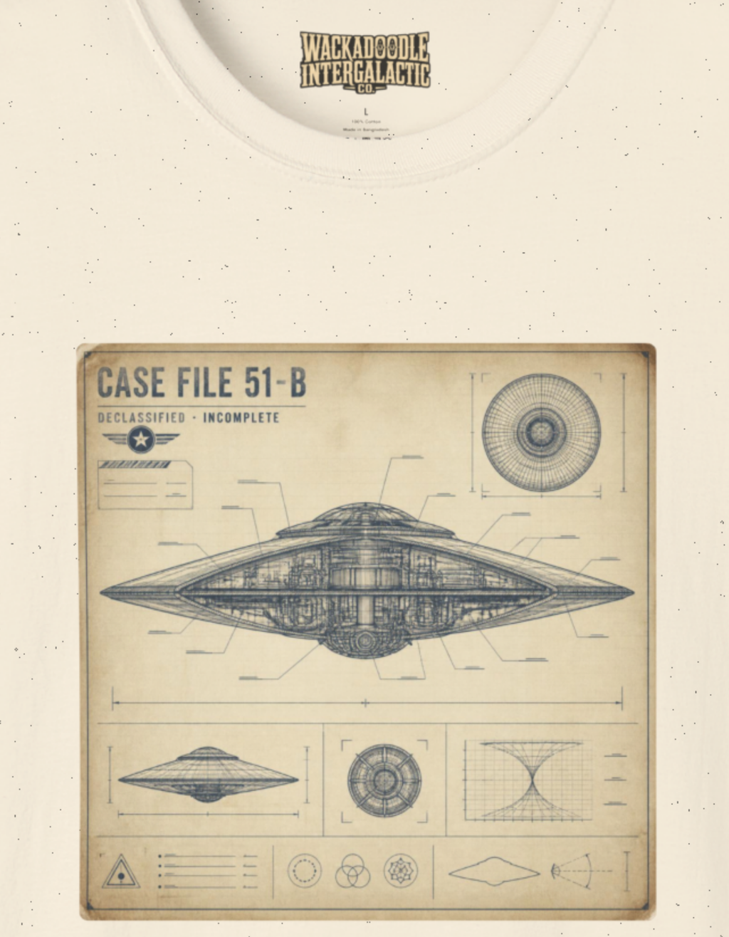 UFO Blueprint T-Shirt — 'Case File 51-B' Vintage Alien Disc Design