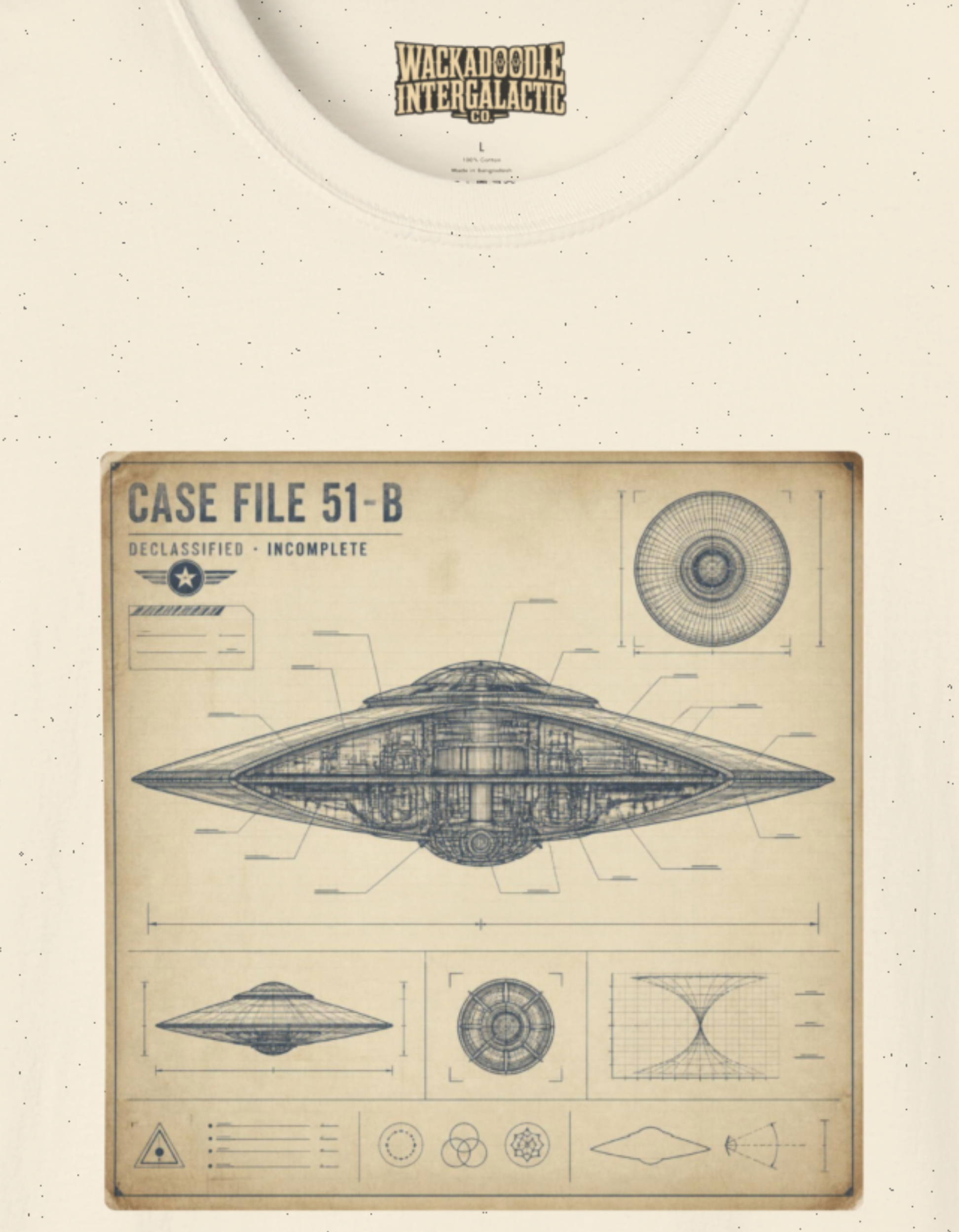 UFO Blueprint T-Shirt — 'Case File 51-B' Vintage Alien Disc Design