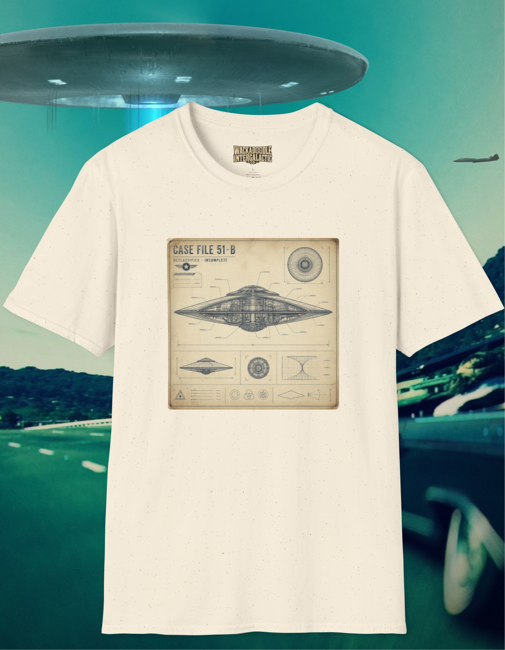 UFO Blueprint T-Shirt — 'Case File 51-B' Vintage Alien Disc Design