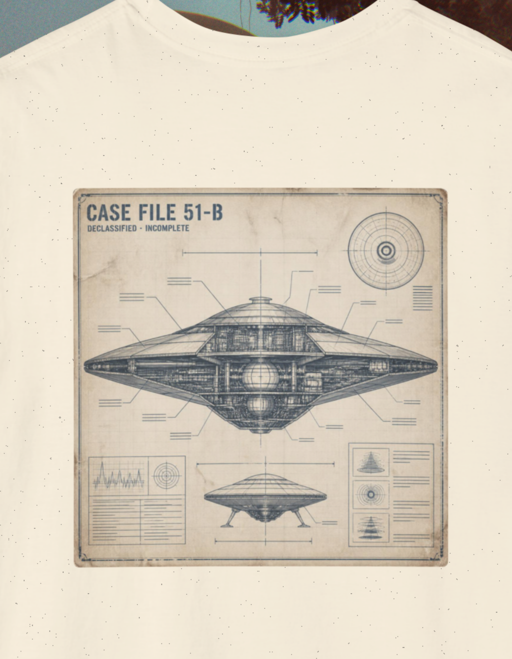 UFO Blueprint T-Shirt — 'Case File 51-B' Vintage Alien Disc Design