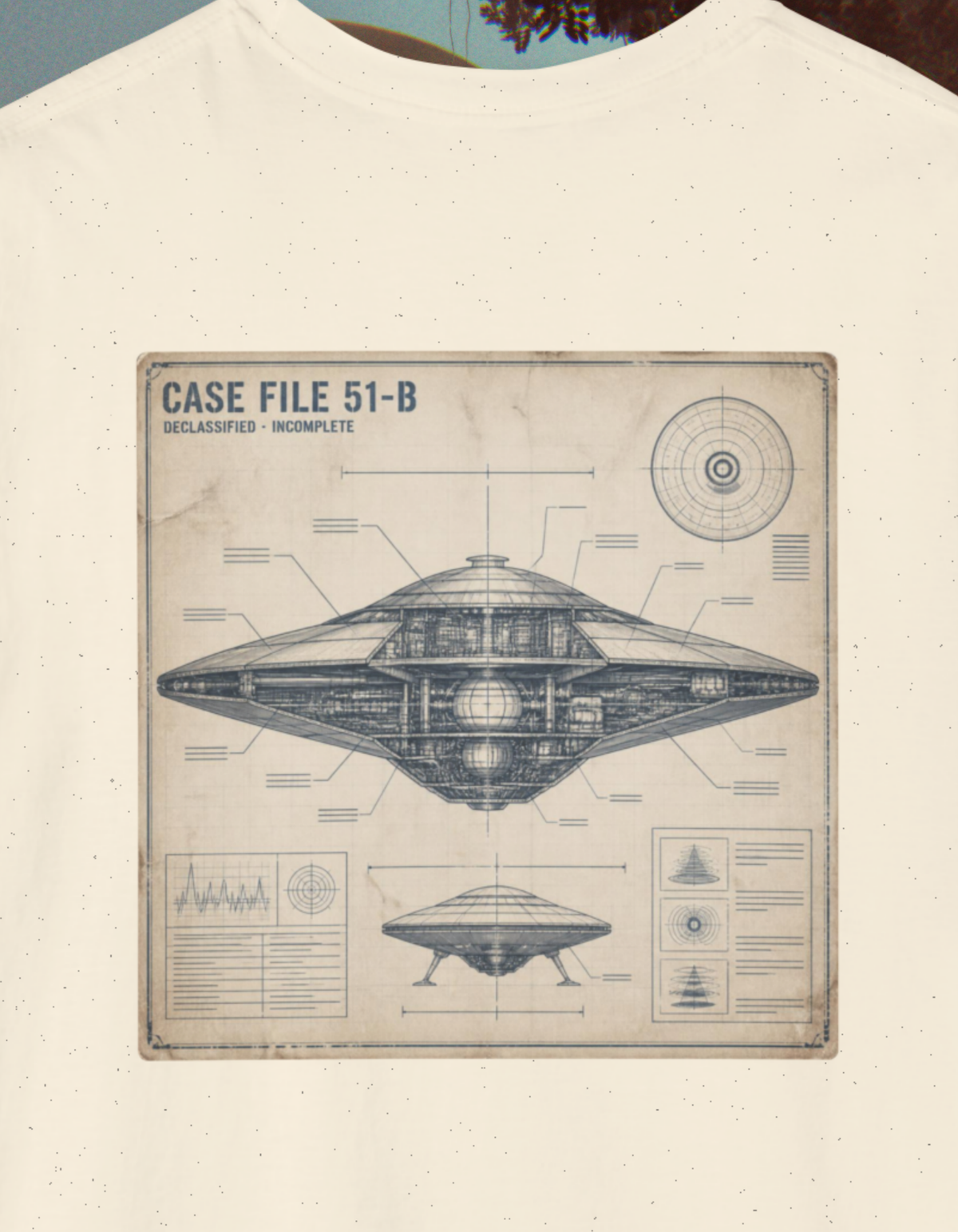 UFO Blueprint T-Shirt — 'Case File 51-B' Vintage Alien Disc Design