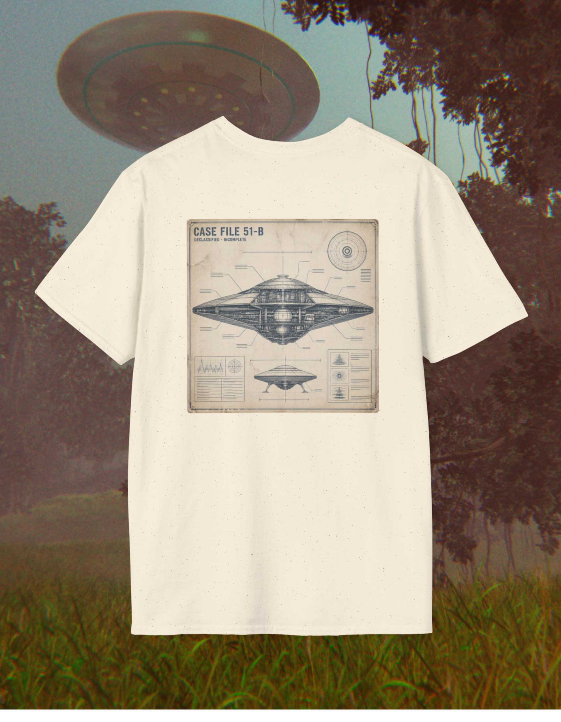 UFO Blueprint T-Shirt — 'Case File 51-B' Vintage Alien Disc Design