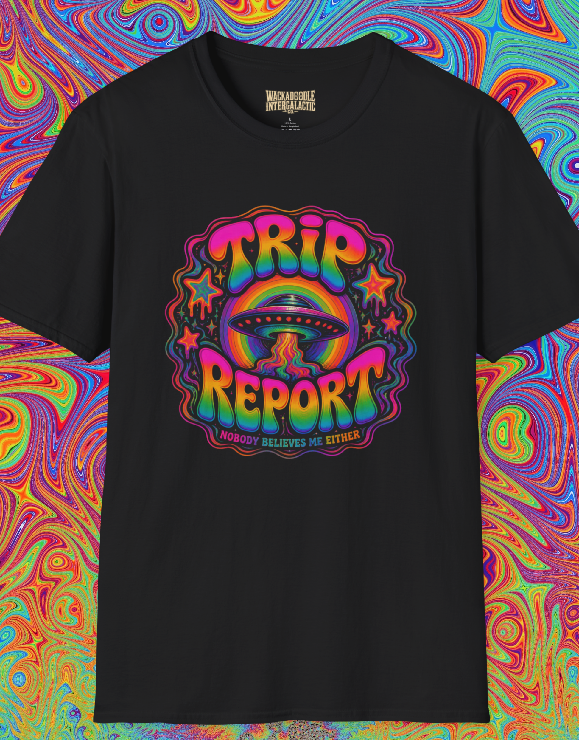 Trip Report Psychedelic T-Shirt — Rainbow Mushroom Retro Graphic Tee