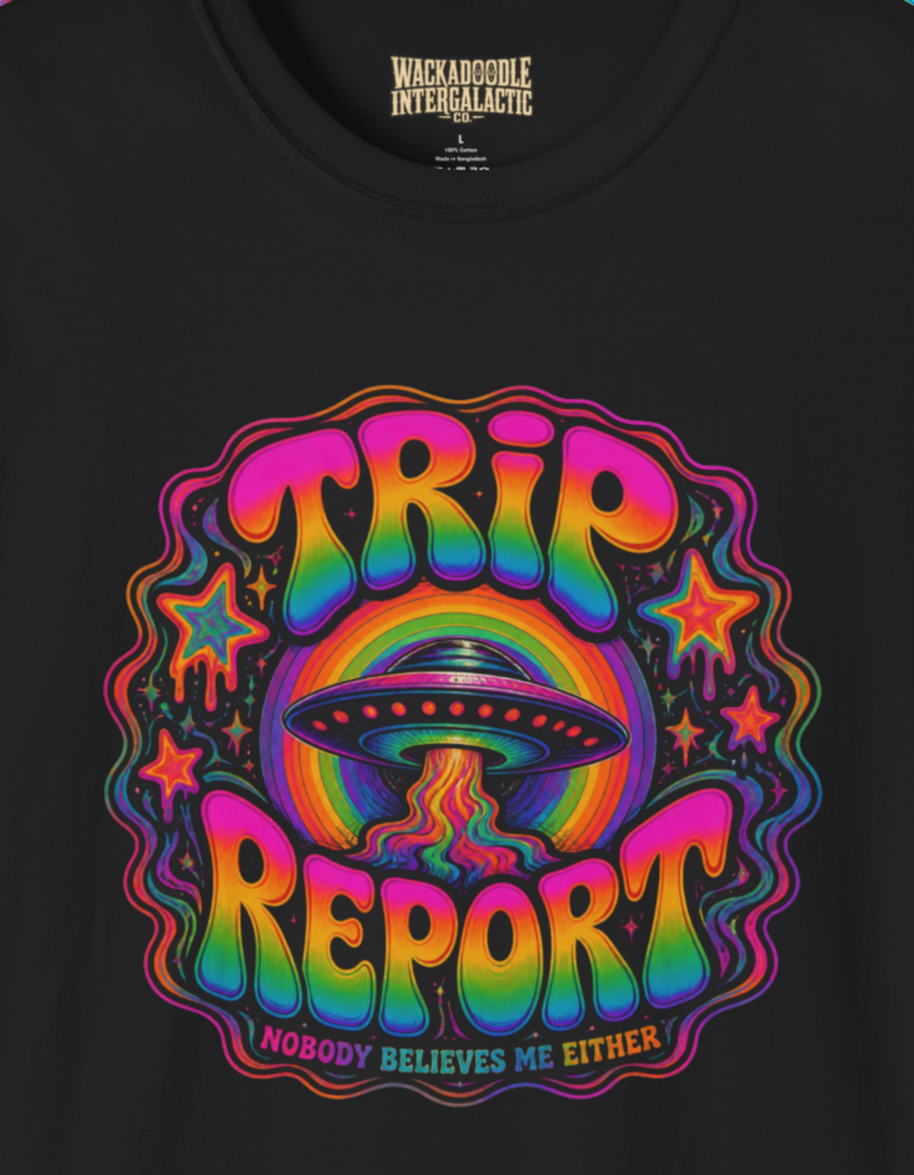 Trip Report Psychedelic T-Shirt — Rainbow Mushroom Retro Graphic Tee