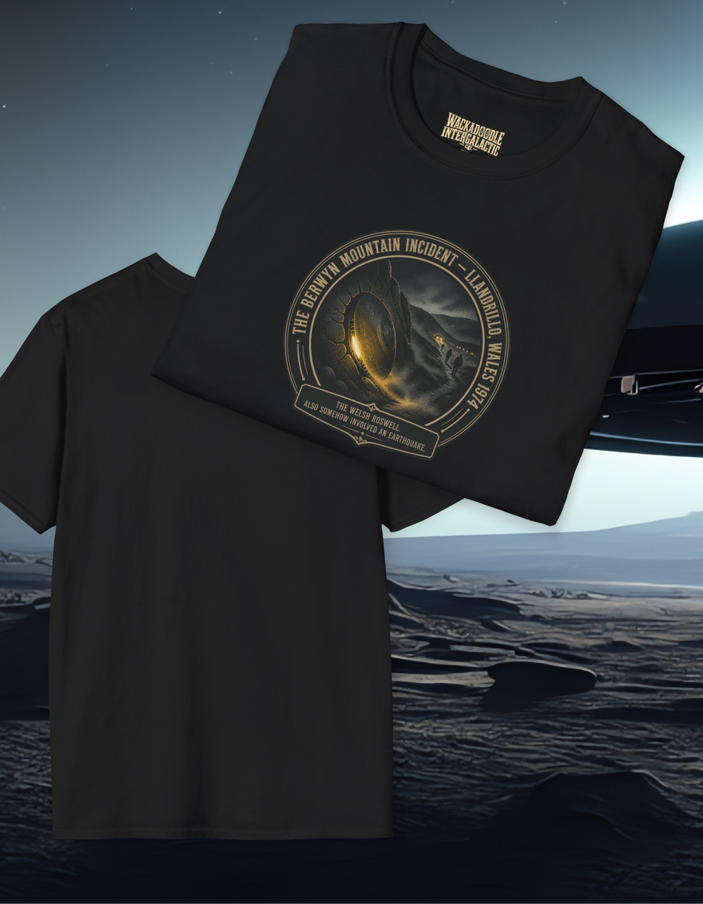 T-Shirt — 'The Brewyn Mountain Incident' Retro Sci‑Fi Patch Tee
