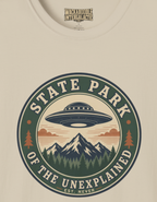 State Park of the Unexplained T-Shirt — Retro UFO Mountain Badge Tee