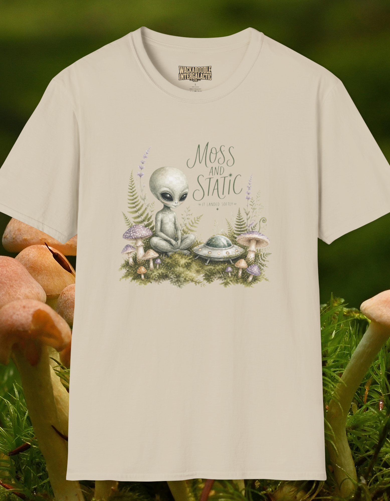 Alien Garden T-Shirt — "Moss and Static" Cute Alien Mushroom Tee