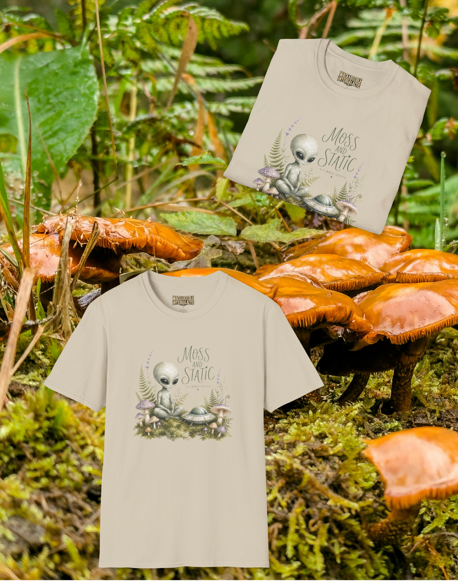 Alien Garden T-Shirt — "Moss and Static" Cute Alien Mushroom Tee