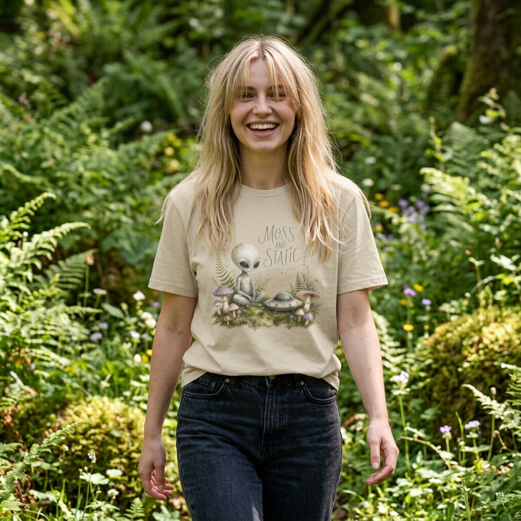 Alien Garden T-Shirt — "Moss and Static" Cute Alien Mushroom Tee