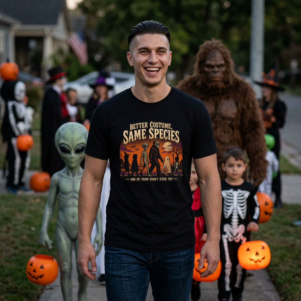 Same Species Halloween T-Shirt — "Better Costume, Same Species" Alien & Monster Graphic Tee