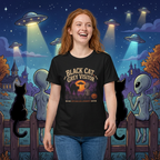 Halloween T-Shirt — “Black Cat, Grey Visitor” Alien Pumpkin Graphic