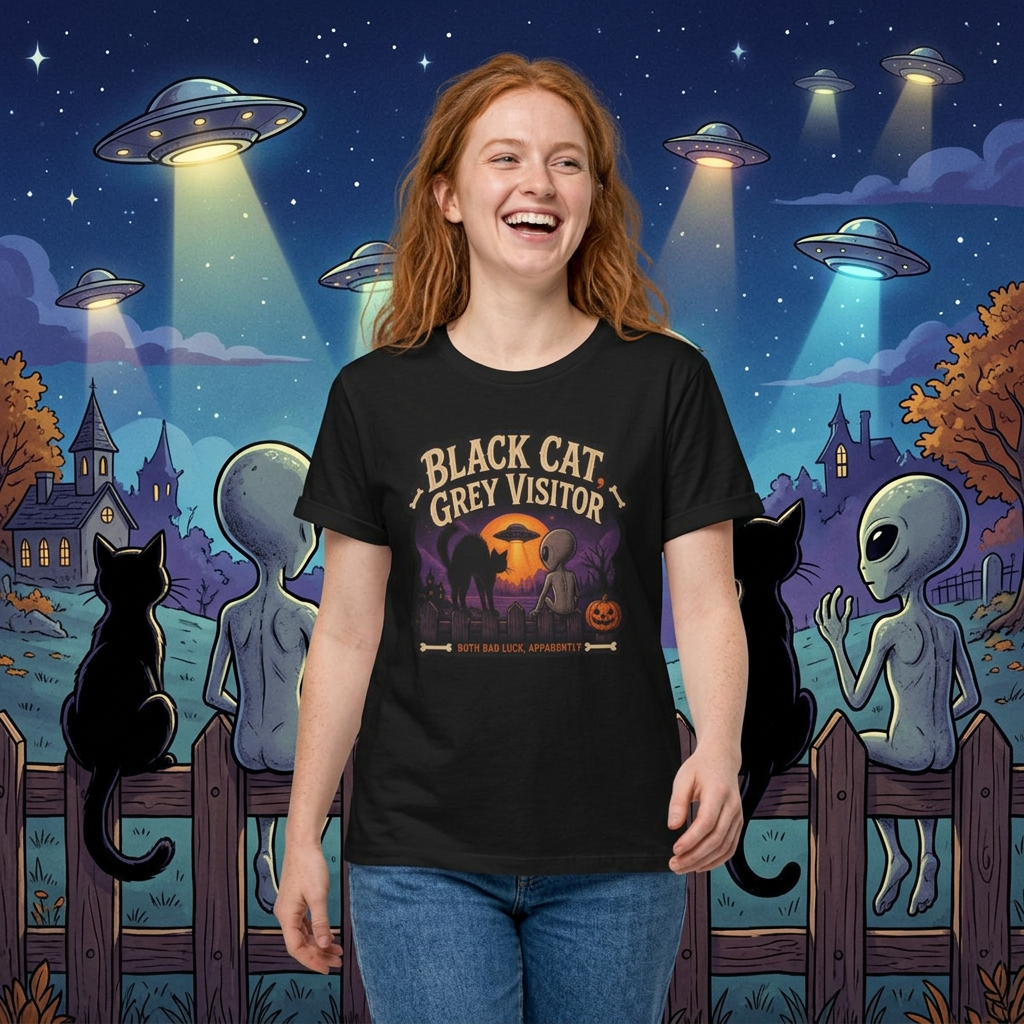 Halloween T-Shirt — “Black Cat, Grey Visitor” Alien Pumpkin Graphic