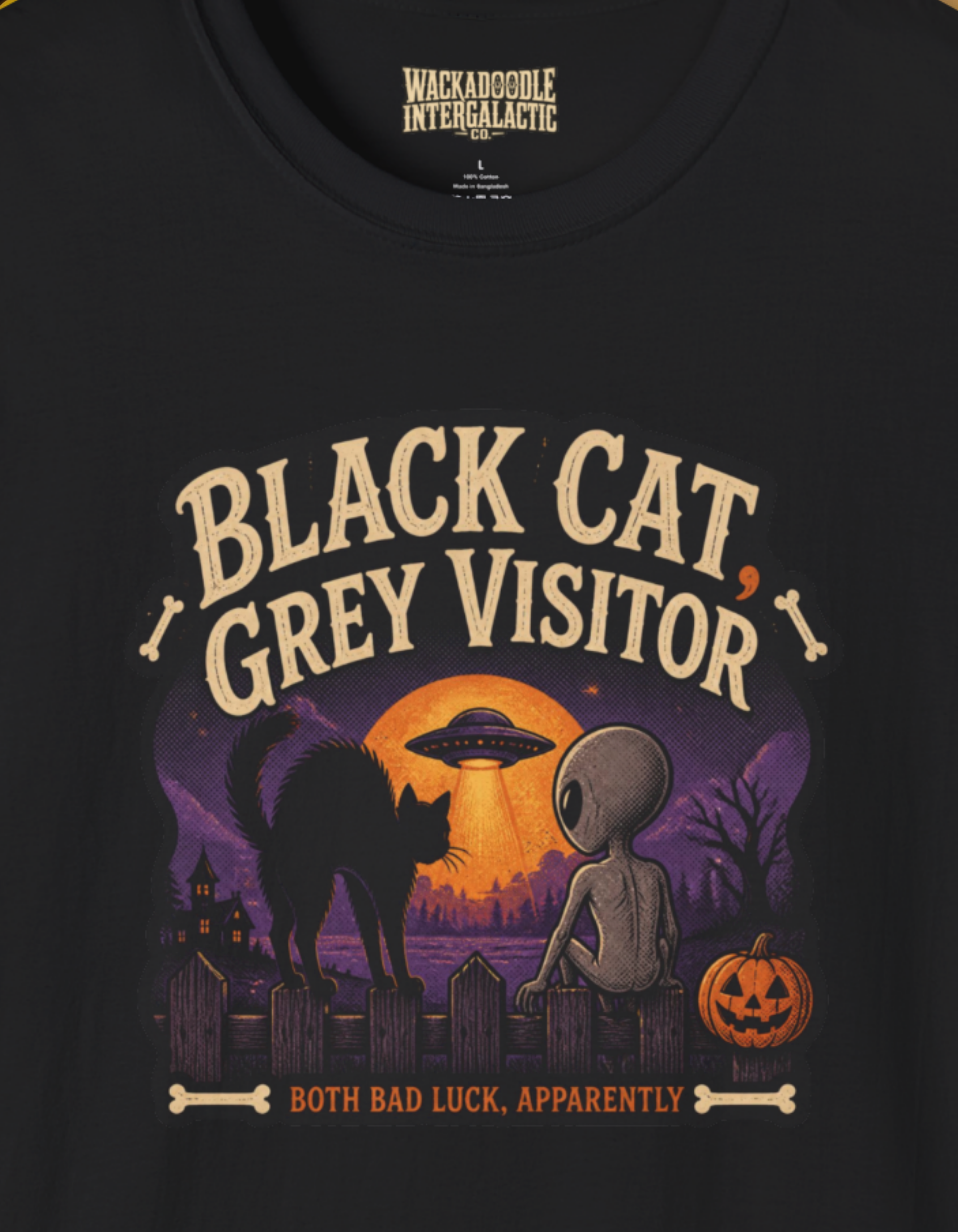Halloween T-Shirt — “Black Cat, Grey Visitor” Alien Pumpkin Graphic