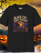 Halloween T-Shirt — “Black Cat, Grey Visitor” Alien Pumpkin Graphic