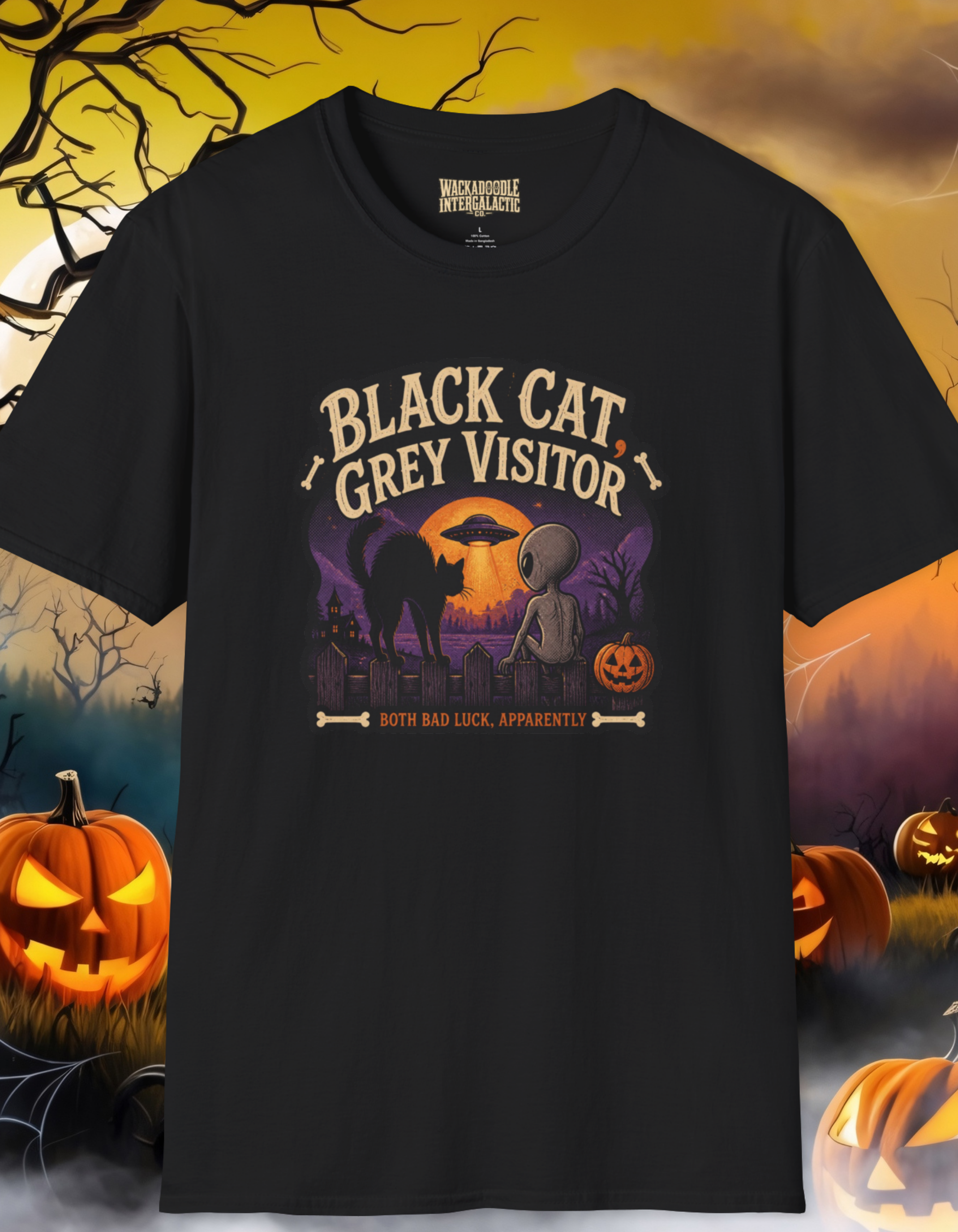 Halloween T-Shirt — “Black Cat, Grey Visitor” Alien Pumpkin Graphic