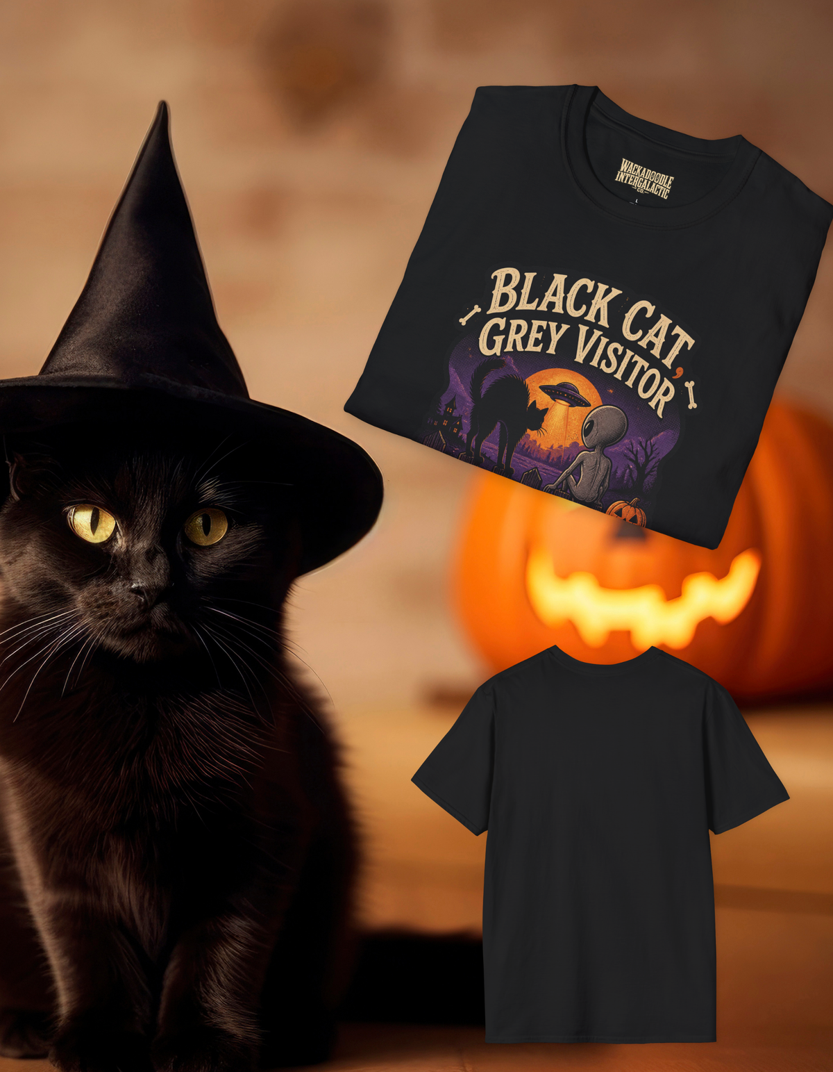 Halloween T-Shirt — “Black Cat, Grey Visitor” Alien Pumpkin Graphic