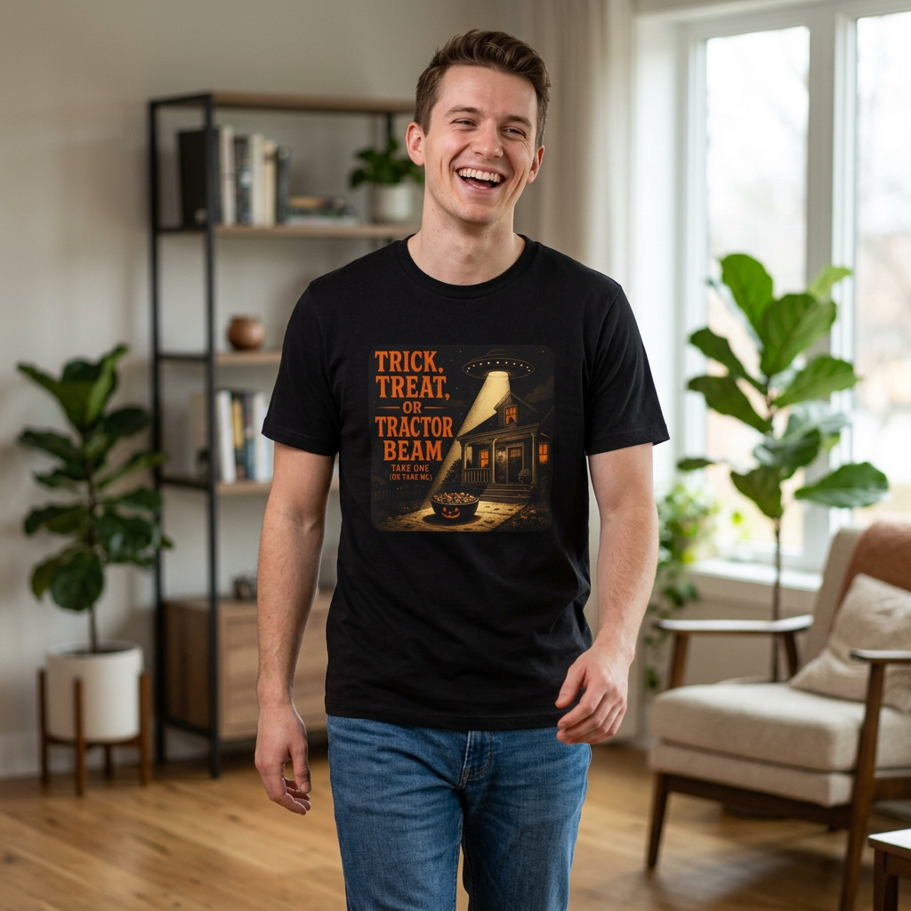 Halloween Tee — "Trick, Treat, or Tractor Beam" Alien UFO Shirt