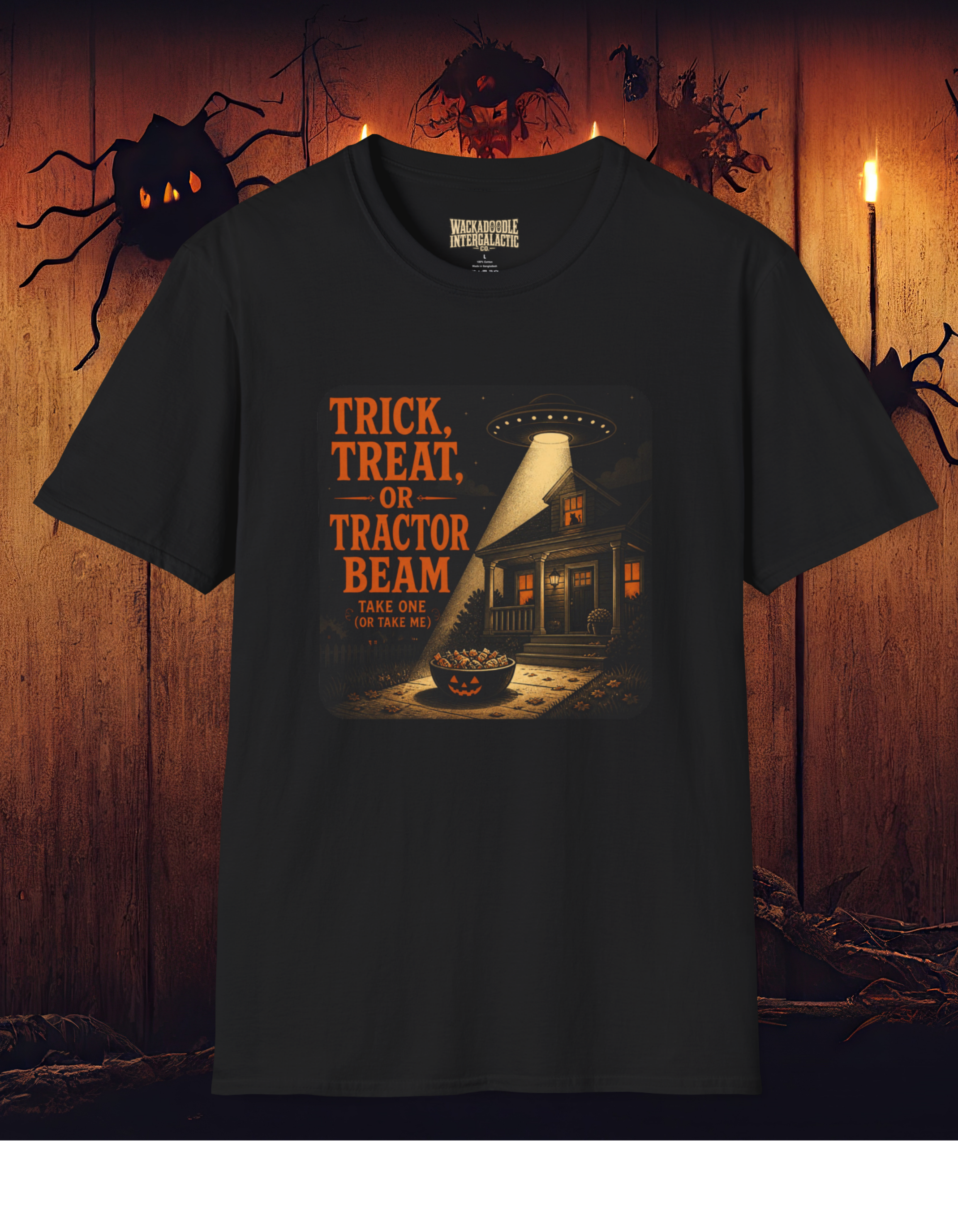 Halloween Tee — "Trick, Treat, or Tractor Beam" Alien UFO Shirt
