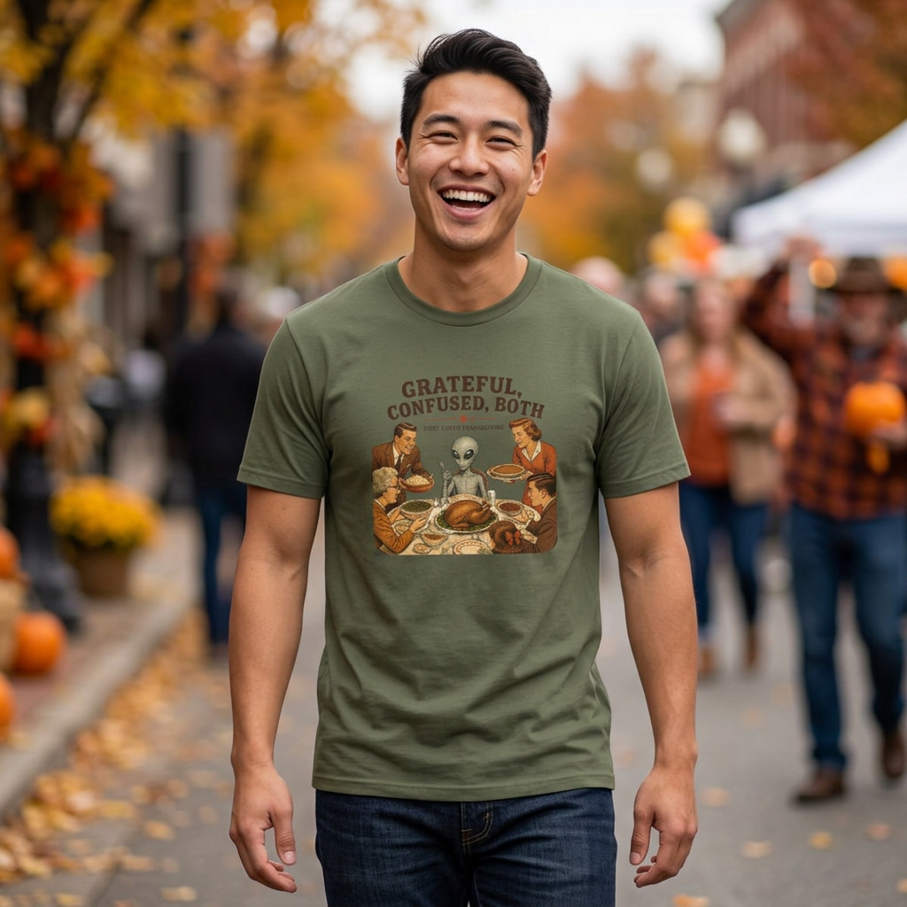 Alien Thanksgiving T-Shirt — "Grateful, Confused, Both" Vintage Holiday Tee