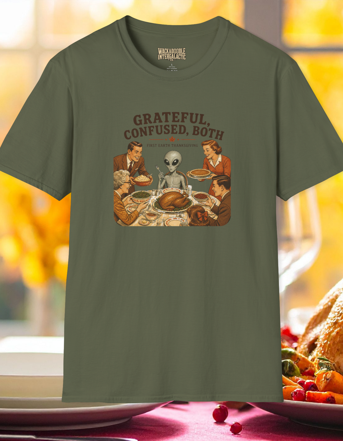 Alien Thanksgiving T-Shirt — "Grateful, Confused, Both" Vintage Holiday Tee