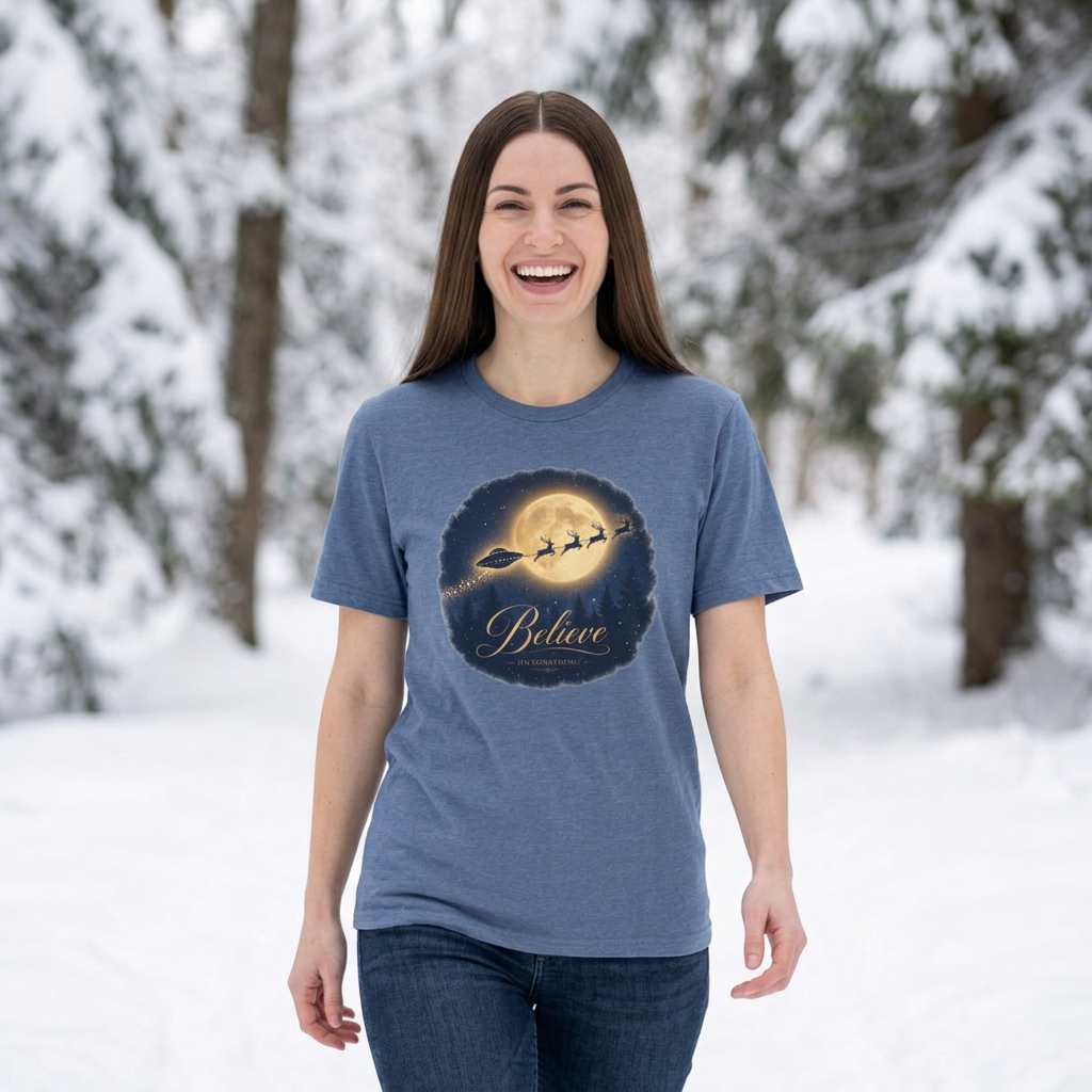 T-Shirt — 'Believe' Moon Santa & UFO Graphic Tee