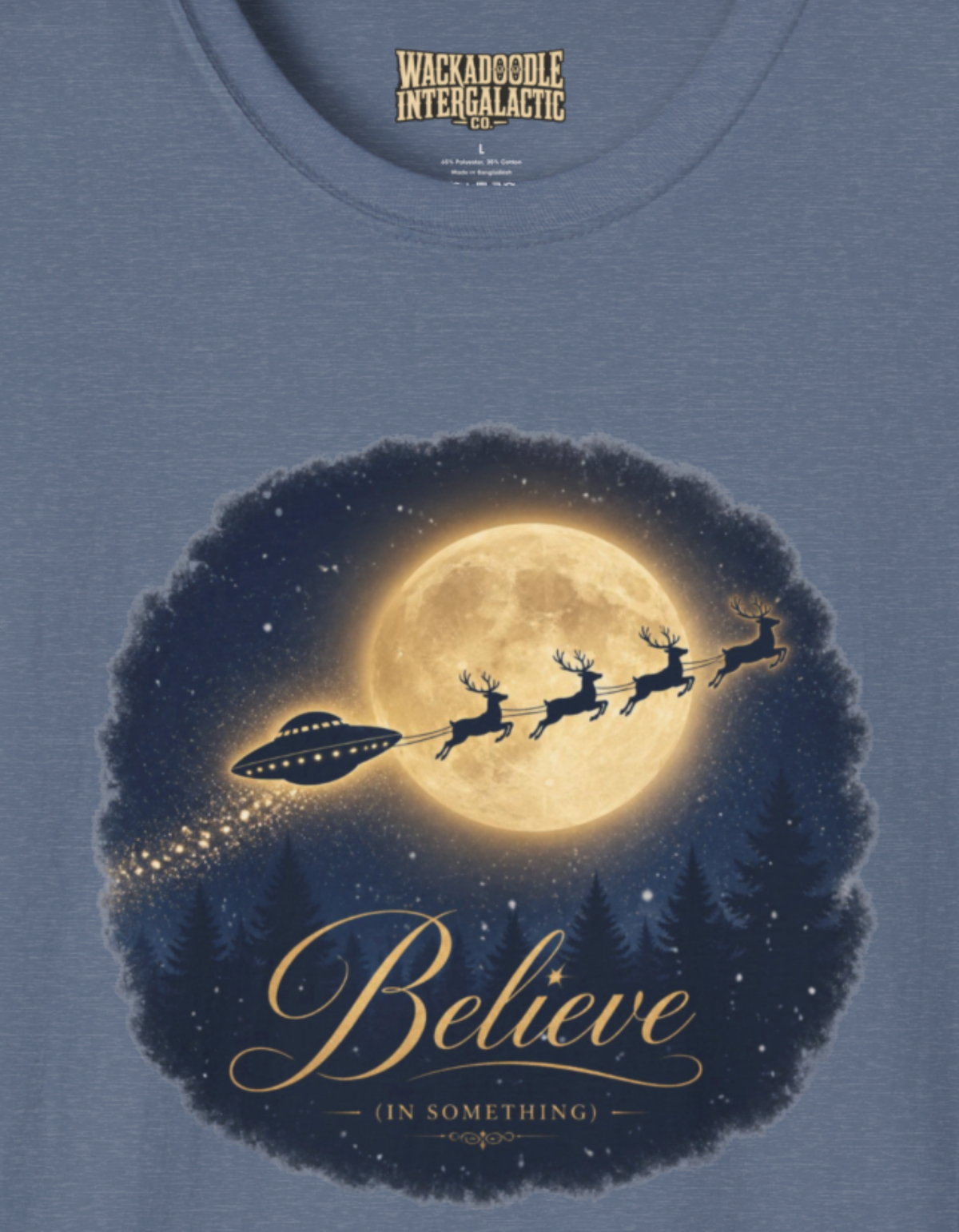 T-Shirt — 'Believe' Moon Santa & UFO Graphic Tee